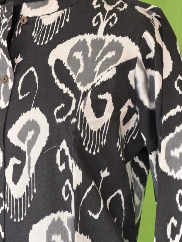 Black cotton kurta set for women with ikat print front view