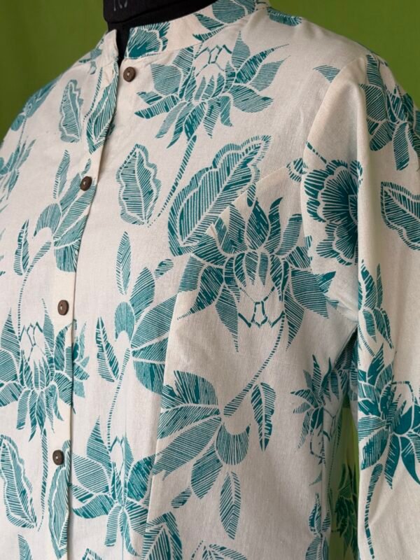 Off white cotton kurta set for women with teal floral print front view