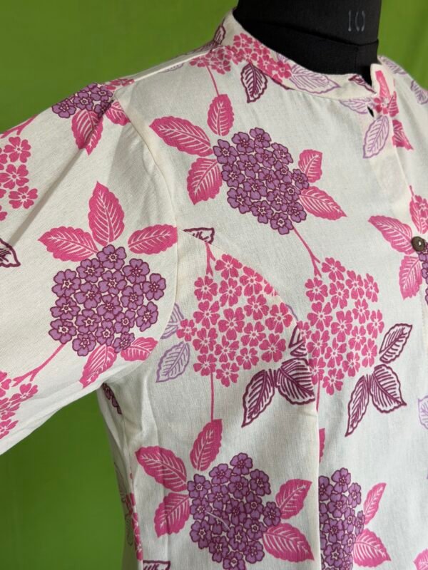 Off white cotton kurta set for women with pink floral print close-up