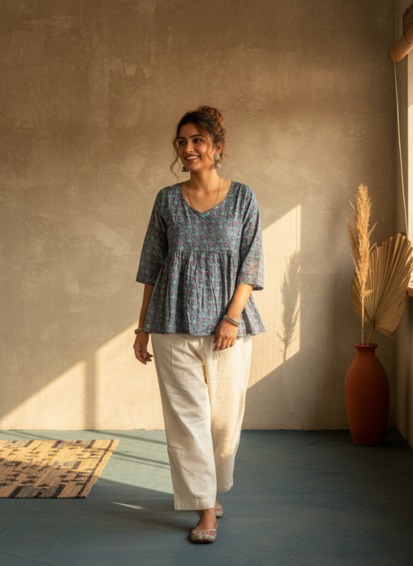 Peplum top side pose with handbag