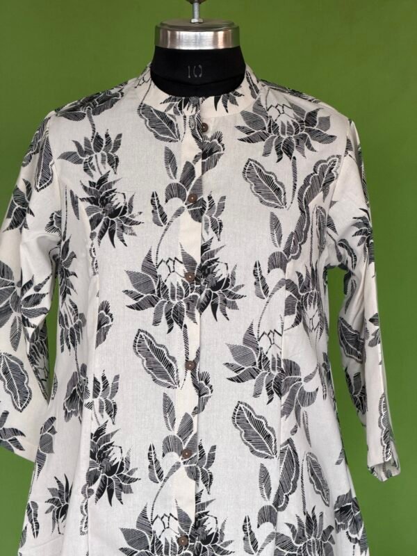 Off white cotton kurta set for women with black floral print front view