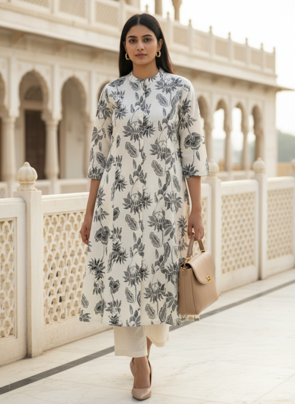 Off white kurta set with black floral design