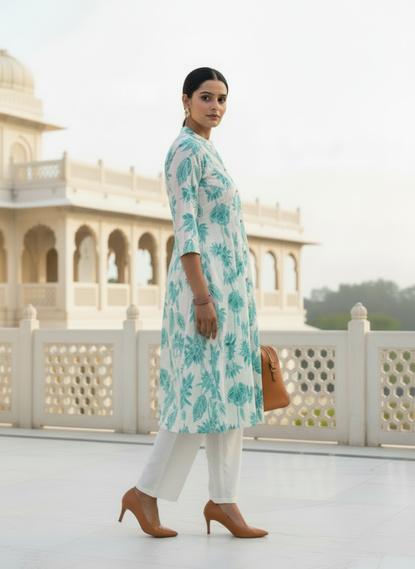 Off white kurta set with teal floral design