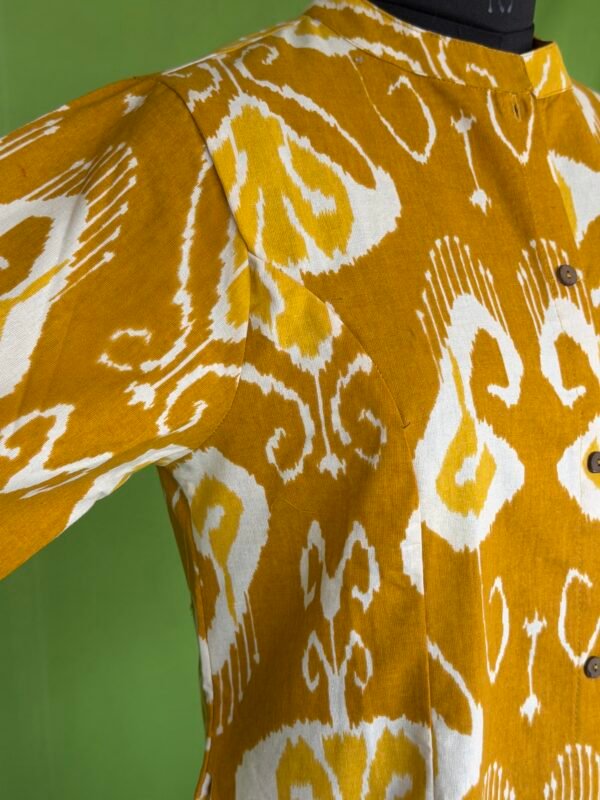 Mustard cotton kurta set for women with ikat print front view