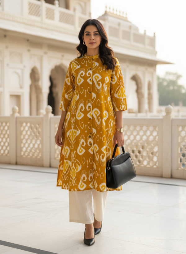 Office wear cotton kurta set mustard color side pose