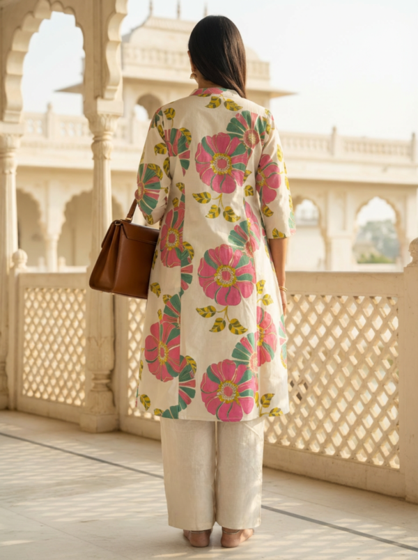 Floral kurta walking pose daily wear