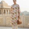 Off white pure cotton kurta set for women with floral print front view