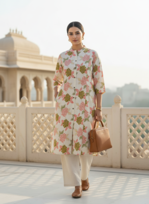 Off white pure cotton kurta set for women with floral print front view