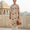 Off white pure cotton kurta set for women with floral print front view
