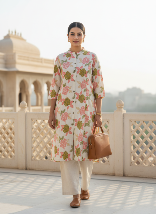 Off white pure cotton kurta set for women with floral print front view