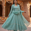 Sea green Anarkali kurta set with embroidered jacket front view