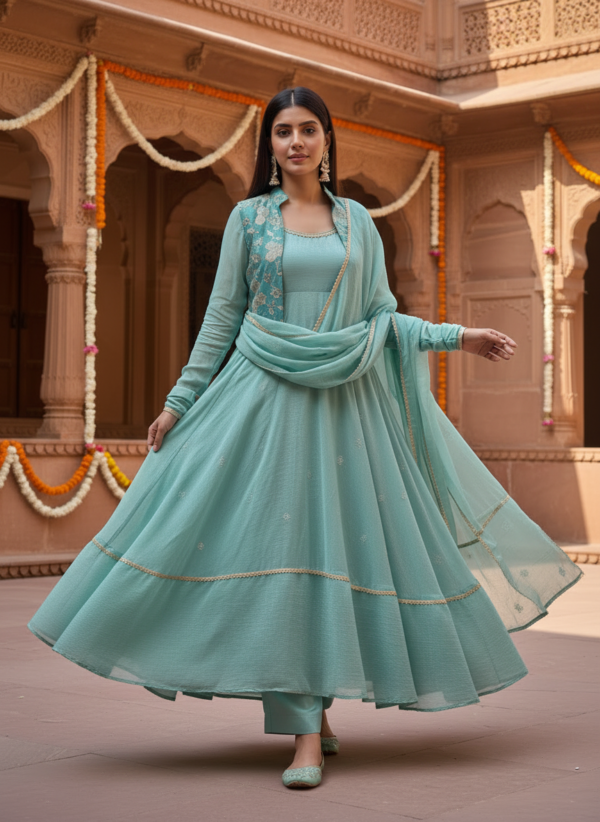 Sea green Anarkali kurta set with embroidered jacket front view