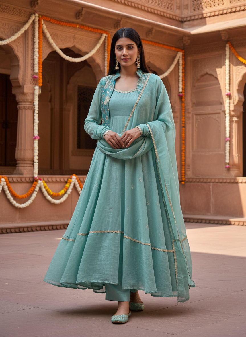 Back view of sea green embroidered kurta set with dupatta