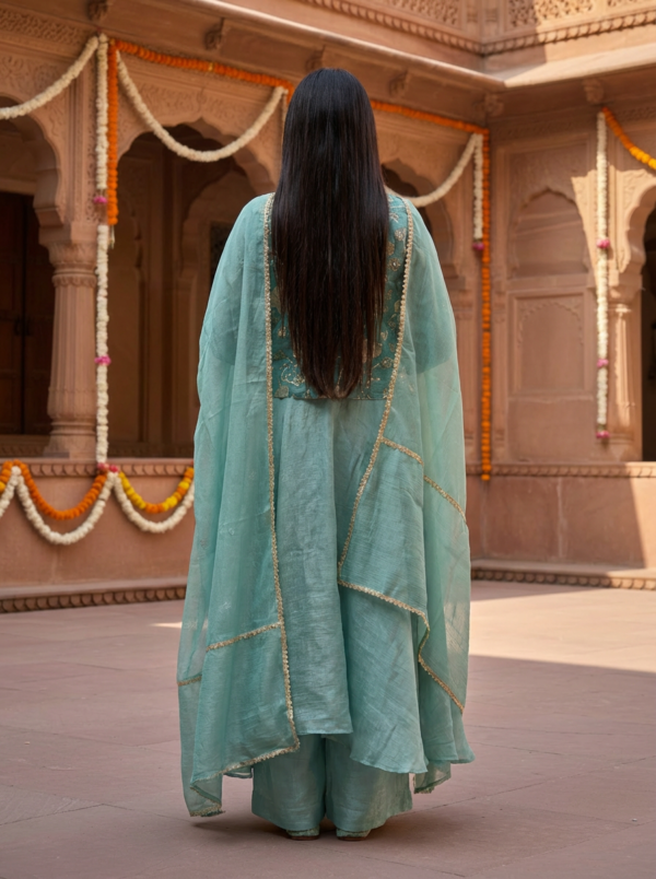 Designer ethnic Anarkali dress with dupatta side pose